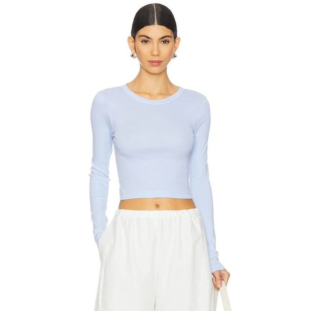 ENZA COSTA Supima Baby Rib Long Sleeve Cropped Top Womens Small Blue Crew Tee